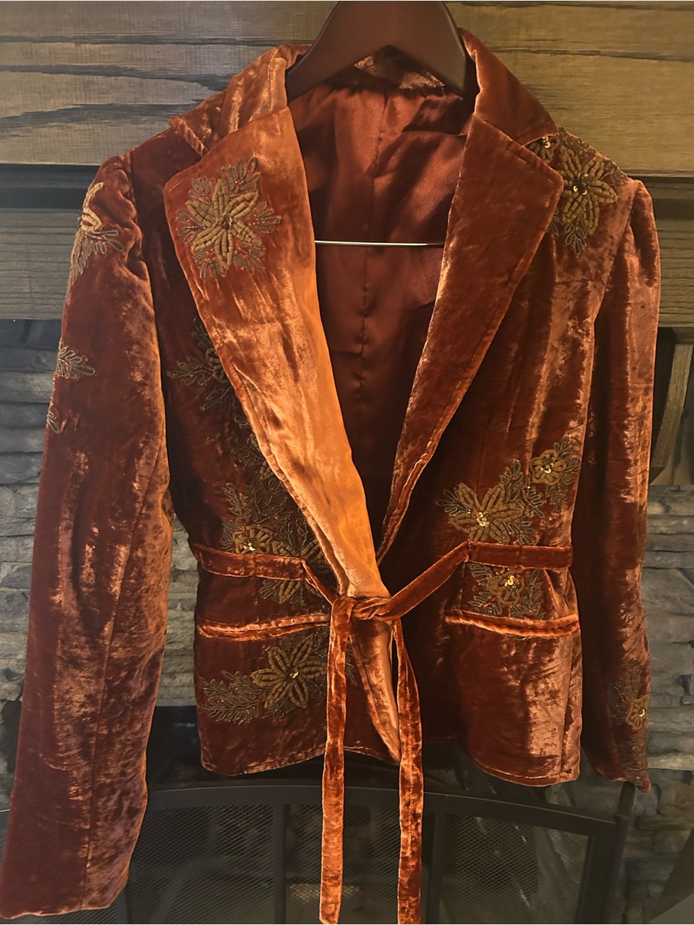 Velvet Embroidered Tie-Belt Blazer in Rust
